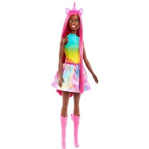 Barbie Eenhoornpop met magenta fantasiehaar van 18 cm lang en kleurrijke accessoires voor stijlpret, zoals een eenhoornhaarband en een staart, HRR01
