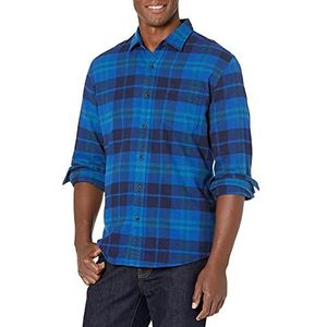 Amazon Essentials Men's Flanellen overhemd met lange mouwen (verkrijgbaar in grote en lange maten), Zwart Blauw Plaid, XS