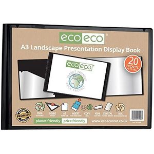 eco-eco A3 50% gerecycleerd 20 Pocket Zwart Landschap Presentatie Display Book, Opbergtas Portfolio Art Folder met Plastic Hulzen, eco096