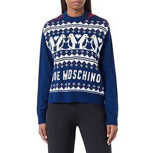 Love Moschino Dames Regular Fit Lange Mouwen Ronde hals met Allover Liefde Harten Penguins Jacquard Intarsia Voor- en Achterkant Trui Sweater, blauw, 46