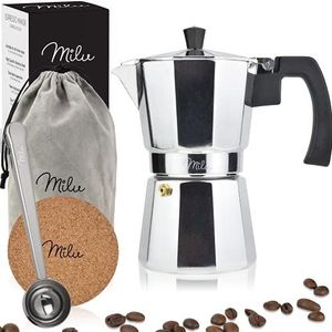 Milu Espresso Maker (Niet Inductie) | 2, 3, 6, 9 Bekers | Aluminium Espresso Pot, Stovetop Moka Pot, Coffee Maker Set inclusief onderzetter, lepel, borstel (Aluminium, 2 kopjes (100ml)