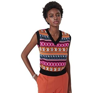 TRENDYOL Dames V-hals etnische patroon regular gebreid vest sweater, zwart, S, zwart, S