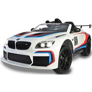 Jamara 460473 Ride-on BMW M6 GT3 wit – krachtige aandrijfmotoren en accu voor lange rijtijd, 3 snelheden, schokdemper, AUX-aansluiting, rubberen ring, LED-koplamp