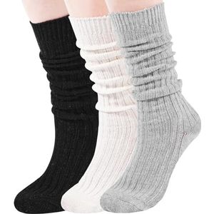 Moon Wood 3 Paar Dames Winter Wolkousen Kniekousen met Kabelbreisel Schuin Gebreide Sokken Maat 36-42 Zwart Wit Lichtgrijs