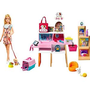 Barbie Pop (blond, 30 cm) en Dierenboetiek, Speelset met 4 huisdieren, kleurveranderende functie en accessoires, geweldig cadeau voor kinderen van 3-7 jaar, GRG90