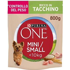 Purina One Mini < 10 kg gewichtscontrole kroketten voor kleine honden, rijk in kalkoen met rijst, 8 verpakkingen van 800 g