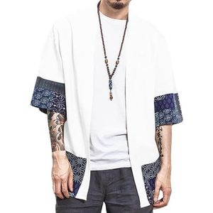 perdontoo Katoenen kimono-jassen voor heren, losse open voorkant, cardigan, mantel, Wit, M