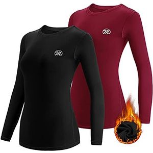 MEETWEE Thermisch shirt voor dames, compressieondergoed met lange mouwen, ski, functionele thermische basislaag, ademend, warm en sneldrogend, Zwart + Rood, XL