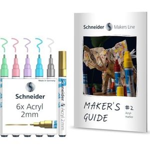 Schneider Paint-It Acrylstiften (set 2, 2 mm ronde punt, zeer dekkende acrylverf voor hout, canvas, steen enz.) 6 stuks incl. Makers Guide