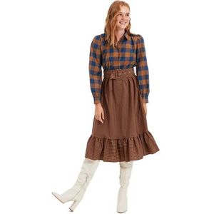 TRENDYOL Dames Woman Midi Ruffle Hem Lapel Collar Woven Dress, bruin, 38