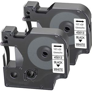 LEYF Labeltape, 2 stuks, compatibel met Dymo D1 45013 S0720530, 12 mm x 7 mm tape voor Dymo LabelManager 160 280 210D 360D 420P 500TS Labelpoint 250 150 450 Duo, waterdicht, zwart op wit