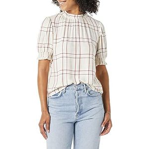 Amazon Essentials Vloeibare Twill korte pofmouwen Smock Detail Shirt, Bourgondië Ecru Plaid, S