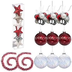 Decoratieve set rood/zilver/wit: 6 kerststerren + 3 glazen ballen 100 mm wit + 3 glazen ballen 90 mm rood + 3 x kerstbloemen 11 ballen gesorteerd + 2 slingers wit en rood