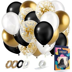 Fissaly® 40 stuks Goud, Zwart & Wit Helium Ballonnen met Lint – Decoratie – Papieren Confetti – Latex