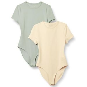 Amazon Essentials Slim-fit T-shirtbody voor dames, stretch, katoen, jersey, 2 stuks, beige/lichtsaliegroen, maat L