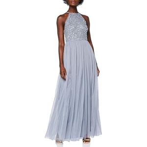 Maya Deluxe Maxi-jurk voor dames, bruidsmeisje, halterjurk, pailletten, versierd, eindexamenfeest, bruiloft, Dusty Blauw, 36