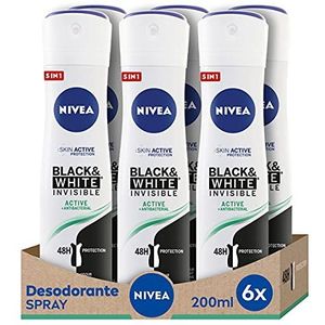 NIVEA Black & White Invisible Active Spray in verpakking van 6 stuks (6 x 200 ml), vlekspray voor damesverzorging, onzichtbare deodorant ter bescherming van huid en kleding