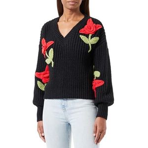 faina Dames driedimensionale gebreide trui met V-hals en bloemenhaken zwart maat XS/S pullover sweater, zwart, XS