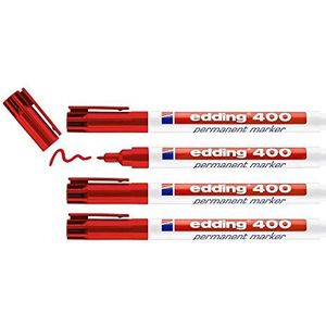 edding 400 permanent marker - rood - 4 stiften - fijne ronde punt 1 mm - watervast, sneldrogend - wrijfvast - voor karton, kunststof, hout, metaal, glas