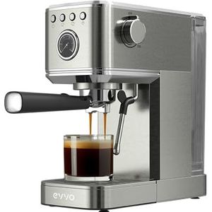 EVVO Espressomachine Express Intensa, 20 bar, stalen behuizing, espresso's en cappuccino's, 1350 W, dubbele uitgang, filterhouder, tank van 1,5 l, snel opwarmen (staal, met manometer)