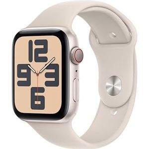 Apple Watch SE (2e generatie, 2023) (GPS + Cellular 44 mm) Smartwatch - Kast van sterrenlicht aluminium - Sterrenlicht sportbandje S/M. Conditie en slaap bijhouden, ongelukdetectie