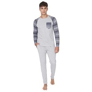 Trendyol Mannelijke effen dunne gebreide T-shirt-broek pyjama set, Grijs, L