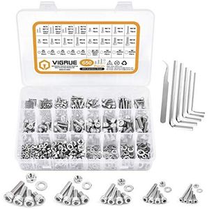 VIGRUE Schroevenset van 650 stuks, M2, M3, M4, M5, M6, binnenzeskant schroevenset van 304 roestvrij staal, volledige schroefdraad, cilinderschroeven met moeren en sluitringen in assortimentsdoos