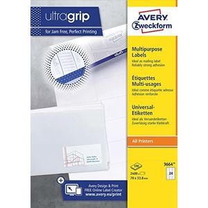 AVERY Zweckform 3664 adreslabels (2.400 zelfklevende etiketten, 70x33,8mm op A4, mat papier, individueel bedrukbare afzenderetiketten, zelfklevende adreslabels met ultragrip) 100 vellen, wit