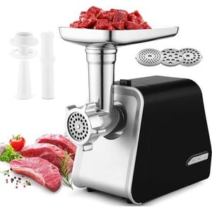 COOCHEER Elektrische vleesmolen, 2000 W, 3-in-1 roestvrij stalen vleesmachine met 3 gatschijven, worstvulling en kibbe-opzetstuk, worstmachine, keukenmachine voor de keuken thuis