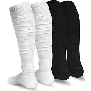 Finerview Scrunch Voetbalsokken, 2 paar, extra lange gewatteerde sportsokken voor dames en heren, Zwart en Wit, Medium