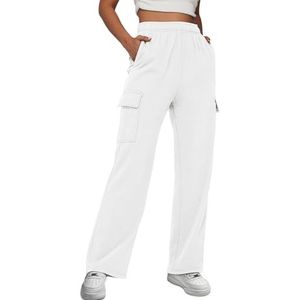 AUTOMET Womens Cargo Sweatpants Baggy Fleece High Waisted Joggers Sweat Pants Athletic Drawstring Casual Wide Leg Loose Fit Fall Pants with Pockets 2025 White S