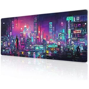 aportt Retro Japanse Anime Gaming Muismat XL Cool Donker Paars Rood Vaporwave City Extended Grote Bureaumat Grote Muismat Antislip Rubberen Basis Gestikte Rand Lang voor Desktop Computer, 31,5 × 11,8