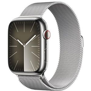 Apple Watch Series 9 (GPS + Cellular 45 mm) Smartwatch - Kast van zilverkleurig roestvrij staal - Zilverkleurig Milanees bandje. Conditie bijhouden, Saturatie-app en Ecg-app, Always-on Retina-display