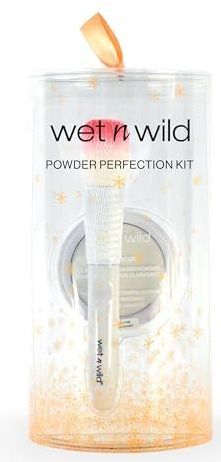 Wet n Wild Powder Perfection Kit, Verhelderend Poeder en Poederborstel Make-up Set, Langhoudende Gezichtspoeder, Verrijkt met Hyaluronzuur en Vitamine E, en een Zachte Borstel Make-up Set