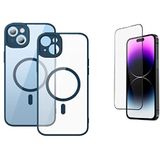Baseus Frame Transparant magnetisch hoesje en gehard glas set voor iPhone 14 (blauw)