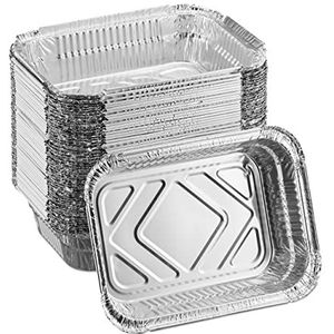 Relaxdays aluminium bakjes bbq, set van 50, B x D: 18,5 x 13 cm, rechthoekige barbecuebakjes, lekbakje grill, zilver