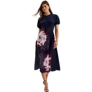 Ted Baker WMD-MITZIC-Ponte Lijfje Bedrukte Satijnen Rok Midi Jurk Navy, marineblauw, 40