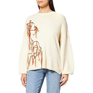 IPEKYOL Dames Crew Neck Horse Patroon Tasseled Knitwear Sweater, ecru, S
