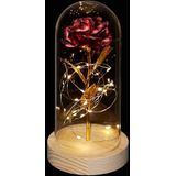 Relaxdays eeuwige roos in stolp, kunstbloem met LED-lampjes, verjaardagscadeau, Moederdag, valentijn, rood/goud