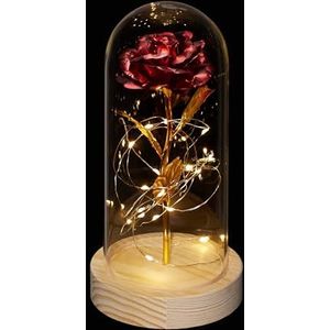 Relaxdays eeuwige roos in stolp, kunstbloem met LED-lampjes, verjaardagscadeau, Moederdag, valentijn, rood/goud