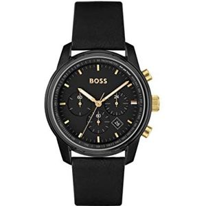 BOSS Chronograaf Quartz Horloge voor Mannen met Zwarte Lederen Band - 1514003, Zwart, riem