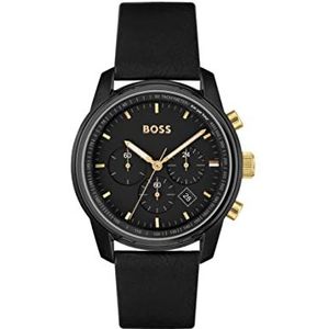 BOSS Mannen analoog quartz horloge met lederen band 1514003, Zwart