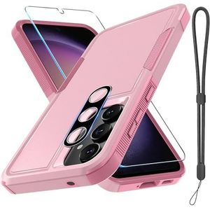 RMOCR Hoesje voor Samsung Galaxy A55, full body, robuust, schokbestendig, beschermend telefoonhoesje met sleutelkoord, schermbeschermer van gehard glas en cameralenshoes, schattig roze