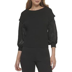 DKNY Dames Mixed Media 3/4 Balloon Sleeve Rib Knit Top, Zwart/Zwart, XS, zwart/zwart., XS