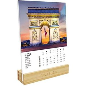 DRAEGER PARIS | Kalender op sokkel Paris 2024 | 12 x 16,5 cm | jaar 2024 | 7 talen | maandkalender | bamboe sokkel | FSC®-gecertificeerd papier | plantaardige inkt