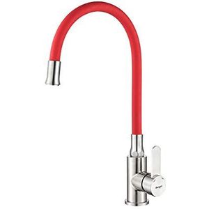 Ibergrif M22119-1 Keukenkraan, 360° Draaibaar, Rood Flexibele Siliconen Slang, Spoelbakkraan, Roestvrij Staal Geborsteld