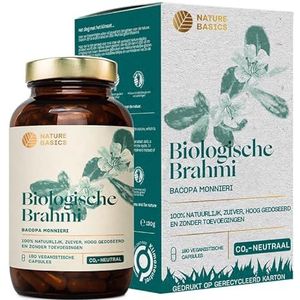 Nature BasicsÂ® Biologische Brahmi gecertificeerd duurzaam in een potje | 180 stuks veganistisch | dagelijkse dosis 1000mg Brahmi Bacopa Bonnieri | Ayurveda voedingssupplement