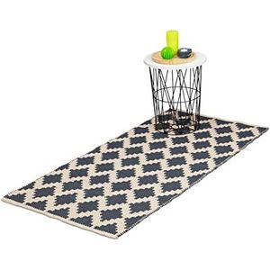 Relaxdays vloerkleed - katoen - tapijt - 70 x 140 cm - karpet - antislip - ruitjes - grijs