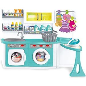 Teorema Giocattoli 67061 - Waskeuken speelgoed voor kinderen met echte geluidseffecten en lichteffecten, deuren om te openen, met wasmachine, strijkijzer, wasmiddelcontainers en kleding van karton