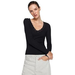 Trendyol Damesblouse met rechte lange mouwen, slanke blouse, zwart, L